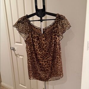 White House Black Market Leopard Print Ruffle Sleeve Blouse - Brown